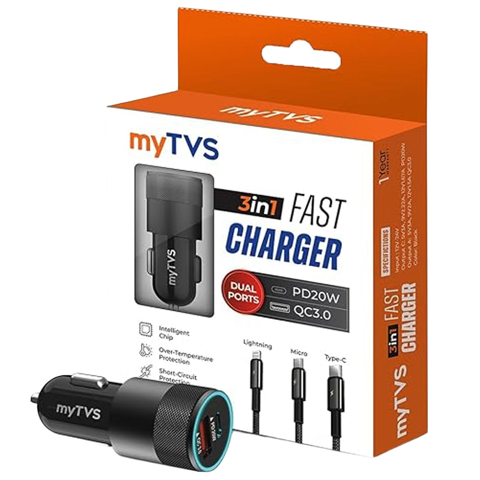 My TVS Dual-Port Car Charger with 3-in-1 Cable
