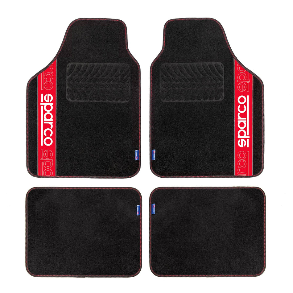 Sparco Car Mats Carpet W/ Tire Pattern Press Heel Pad - 4 Pieces
