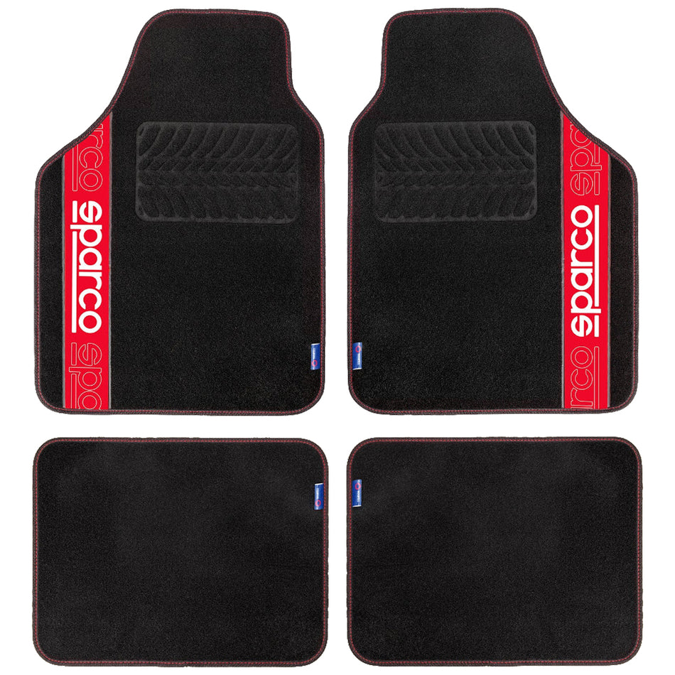 Sparco Car Mats Carpet W/ Tire Pattern Press Heel Pad - 4 Pieces