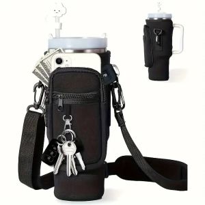 Water Bottle Carrier Bag With Phone Pocket For Stanley 40 Oz Tumbler With Handle-Black