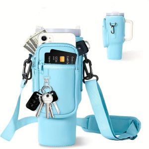 Water Bottle Carrier Bag With Phone Pocket For Stanley 40 Oz Tumbler With Handle-Blue