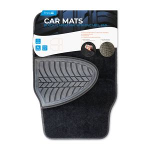 SB Auto Black Carpet Car Mats With PVC Heel Pad Blk 4Pc